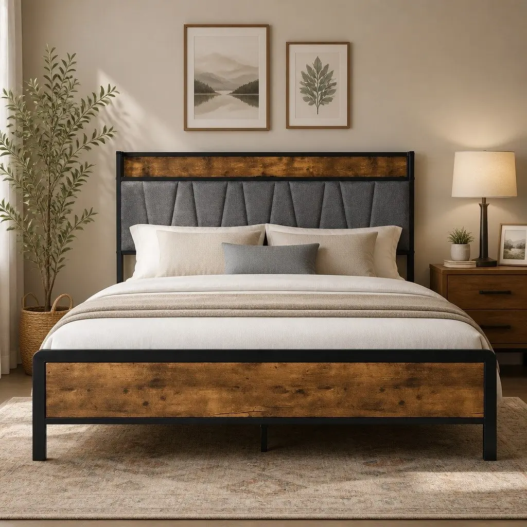 Double Bed Frame Tufted Upholstered Headboard with USB Charging Storage