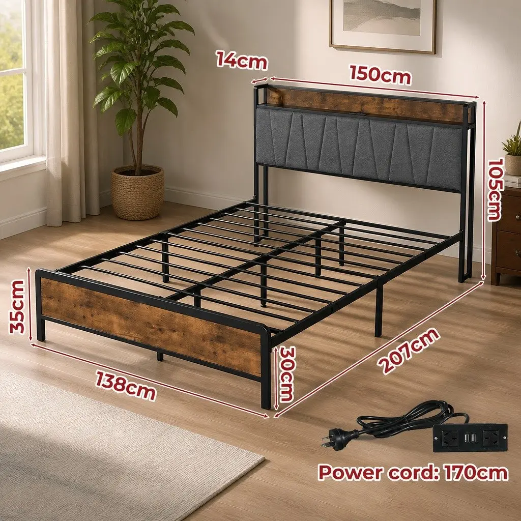Double Bed Frame Tufted Upholstered Headboard with USB Charging Storage