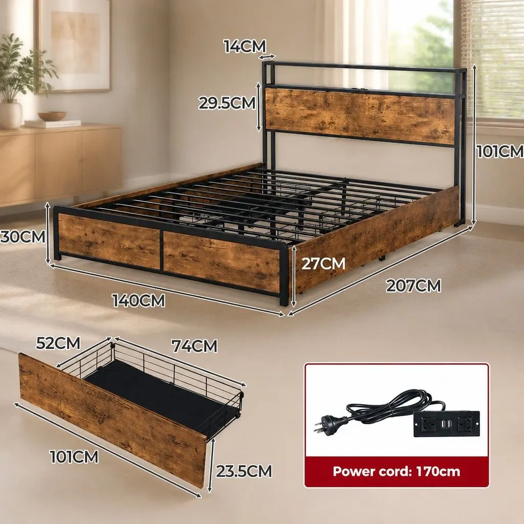 Queen Bed Frame with Smart Storage and LED Lights