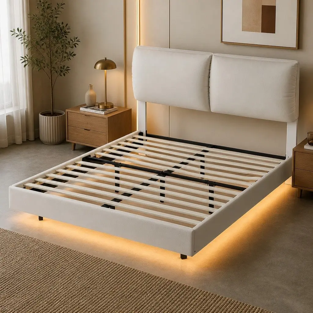 Floating Bed Frame with LED Light Adjustable Headboard Under Bed Storage White