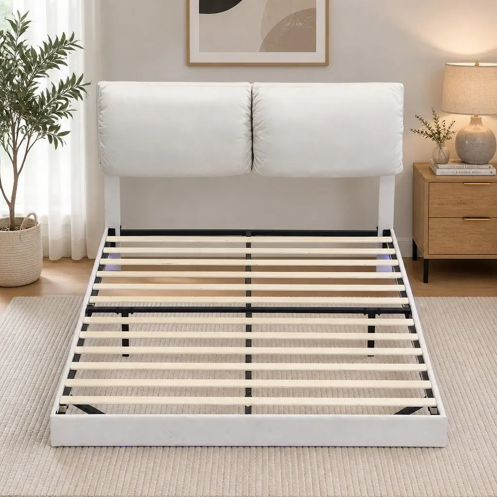 Floating Bed Frame with LED Light Adjustable Headboard Under Bed Storage White