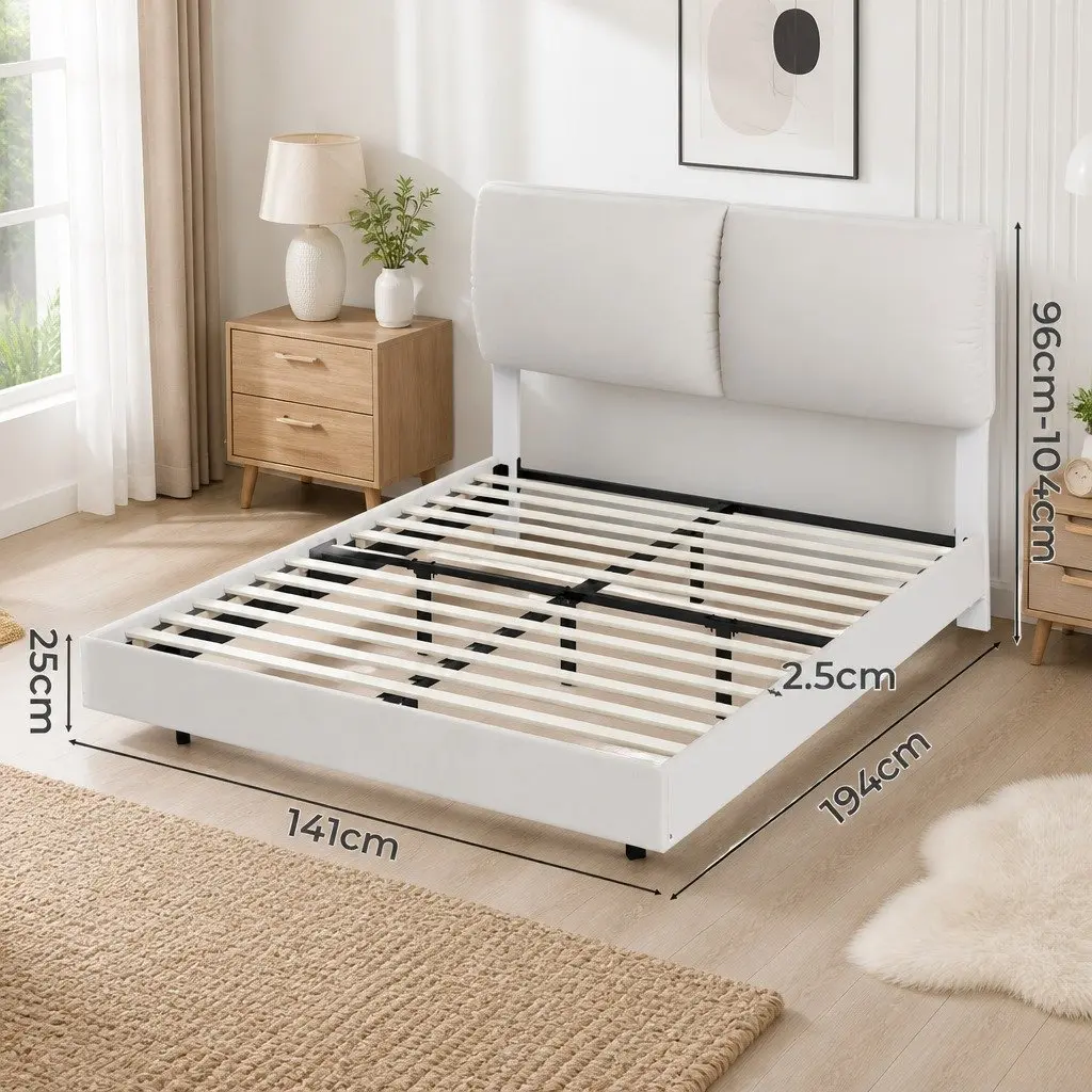 Floating Bed Frame with LED Light Adjustable Headboard Under Bed Storage White