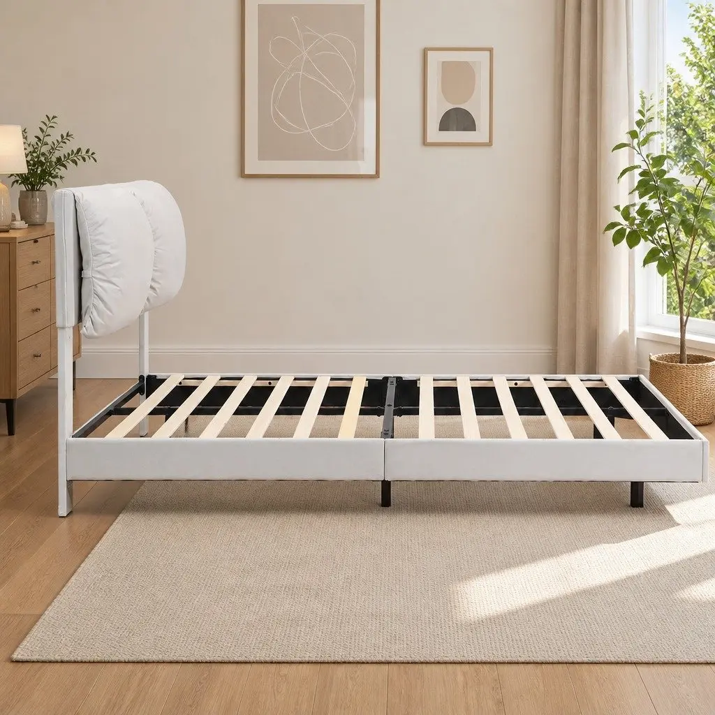 Floating Bed Frame with LED Light Adjustable Headboard Under Bed Storage White
