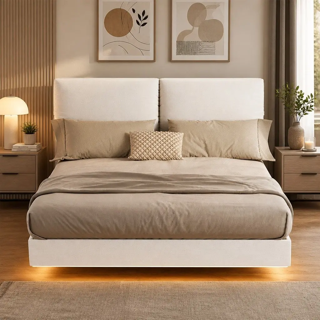 Floating Bed Frame with LED Light Adjustable Headboard Under Bed Storage White