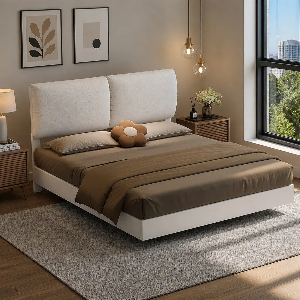 Floating Bed Frame with LED Light Adjustable Headboard Under Bed Storage White