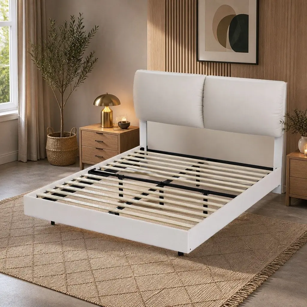 Floating Bed Frame with LED Light Adjustable Headboard Under Bed Storage White