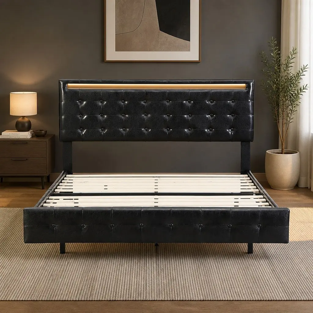 Double Floating Bed Frame with Adjustable Headboard LED Light Strips Underbed Storage Black
