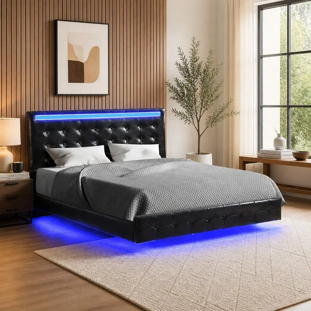 Double Floating Bed Frame with Adjustable Headboard LED Light Strips Underbed Storage Black