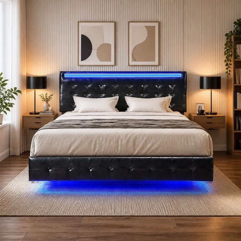 Double Floating Bed Frame with Adjustable Headboard LED Light Strips Underbed Storage Black
