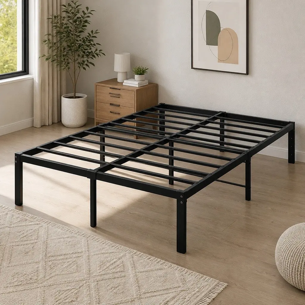 Metal Bed Frame Heavy Duty Full Size Storage Space Black