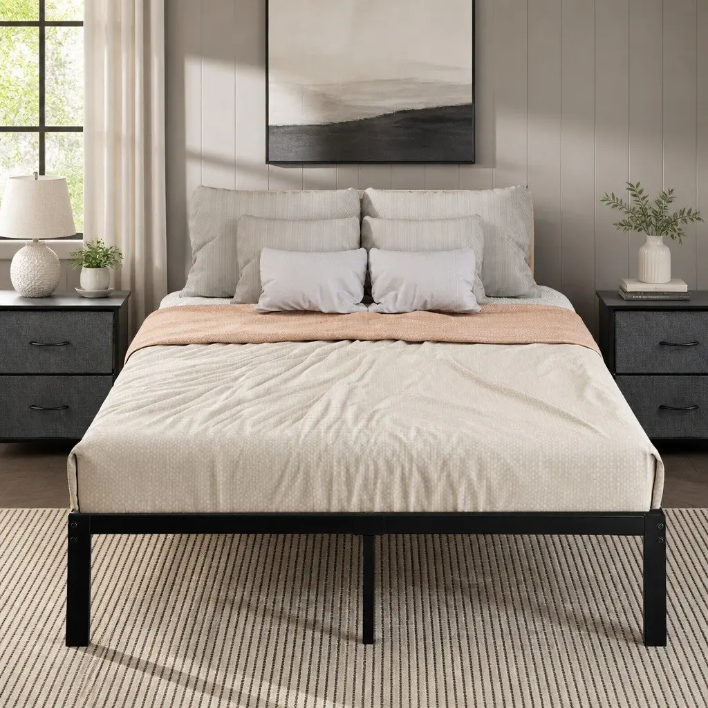 Metal Bed Frame Heavy Duty Full Size Storage Space Black