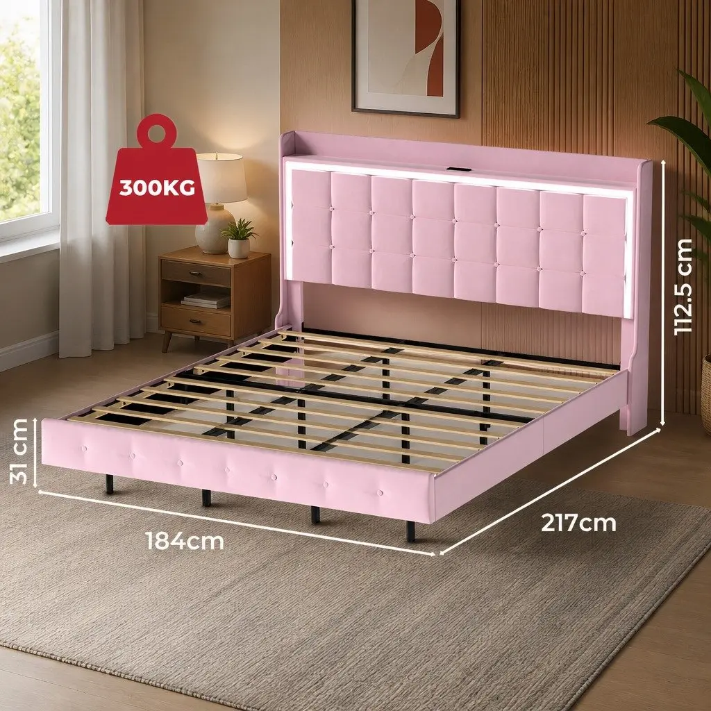 King Floating Bed Frame LED Headboard USB Charging Pink Modern Design