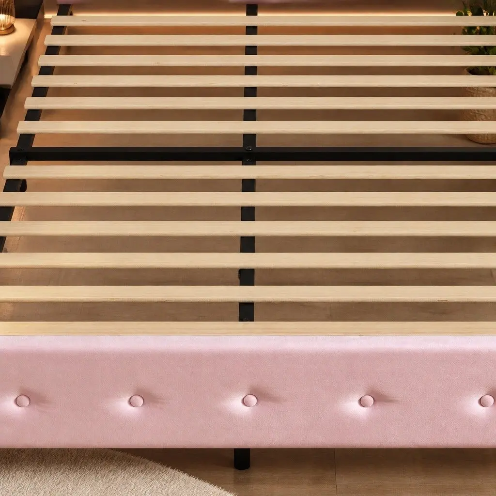 King Floating Bed Frame LED Headboard USB Charging Pink Modern Design