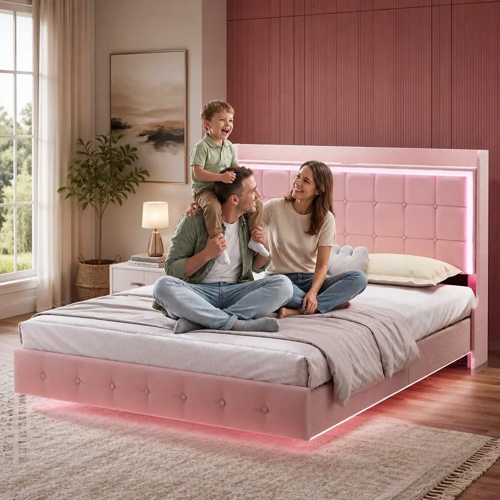 King Floating Bed Frame LED Headboard USB Charging Pink Modern Design