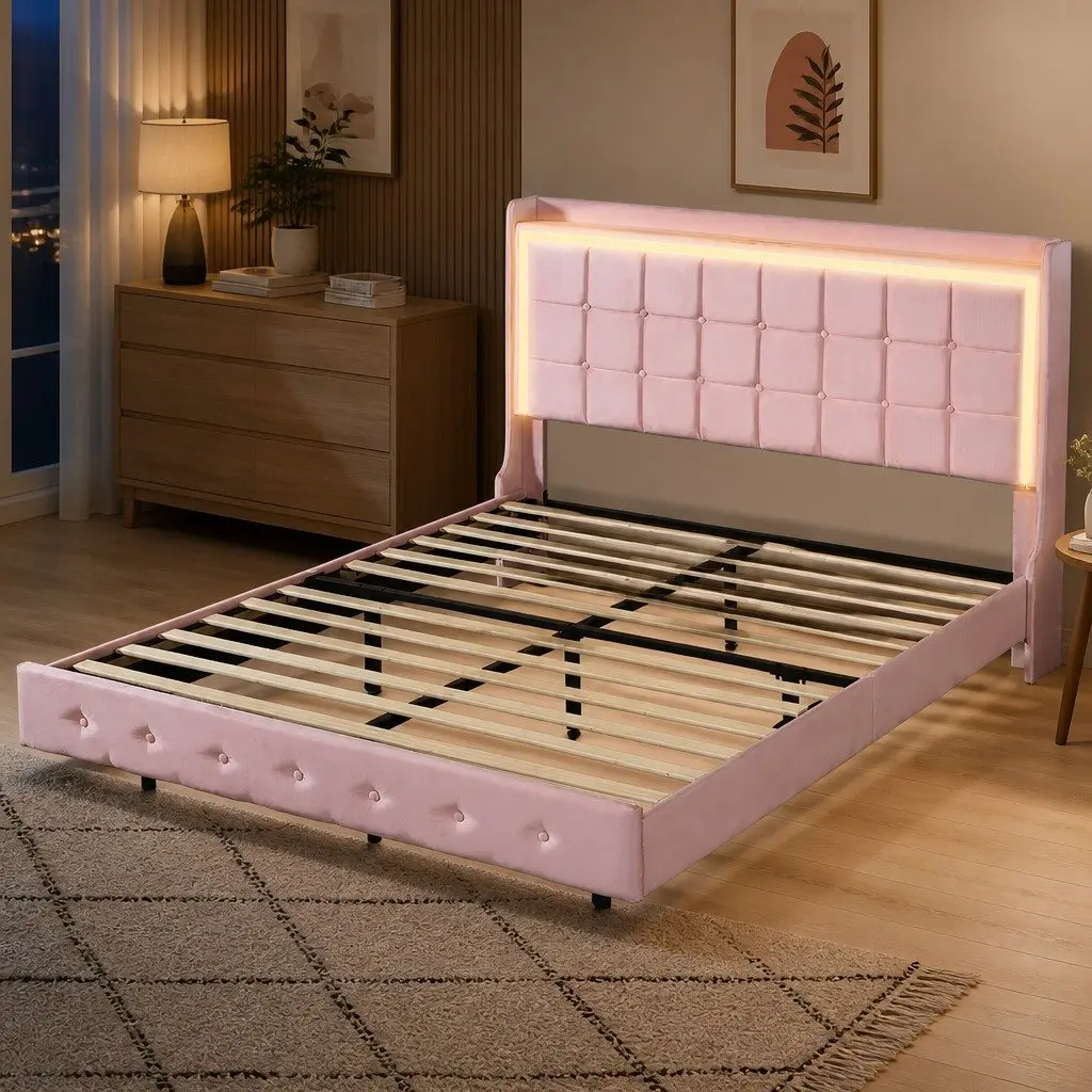 Queen Floating Bed Frame Velvet LED Light USB Ports Modern Bedroom Furniture Pink