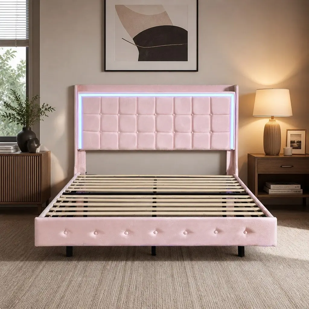 Queen Floating Bed Frame Velvet LED Light USB Ports Modern Bedroom Furniture Pink