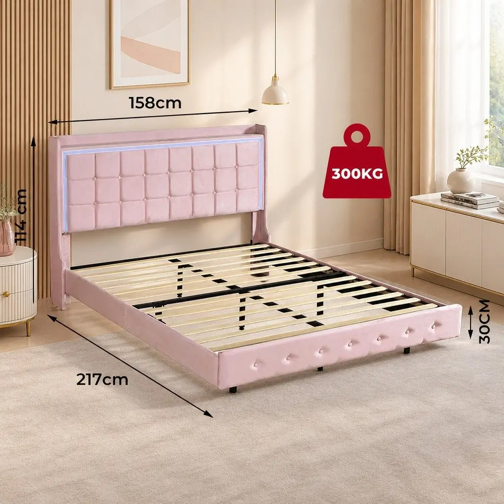 Queen Floating Bed Frame Velvet LED Light USB Ports Modern Bedroom Furniture Pink