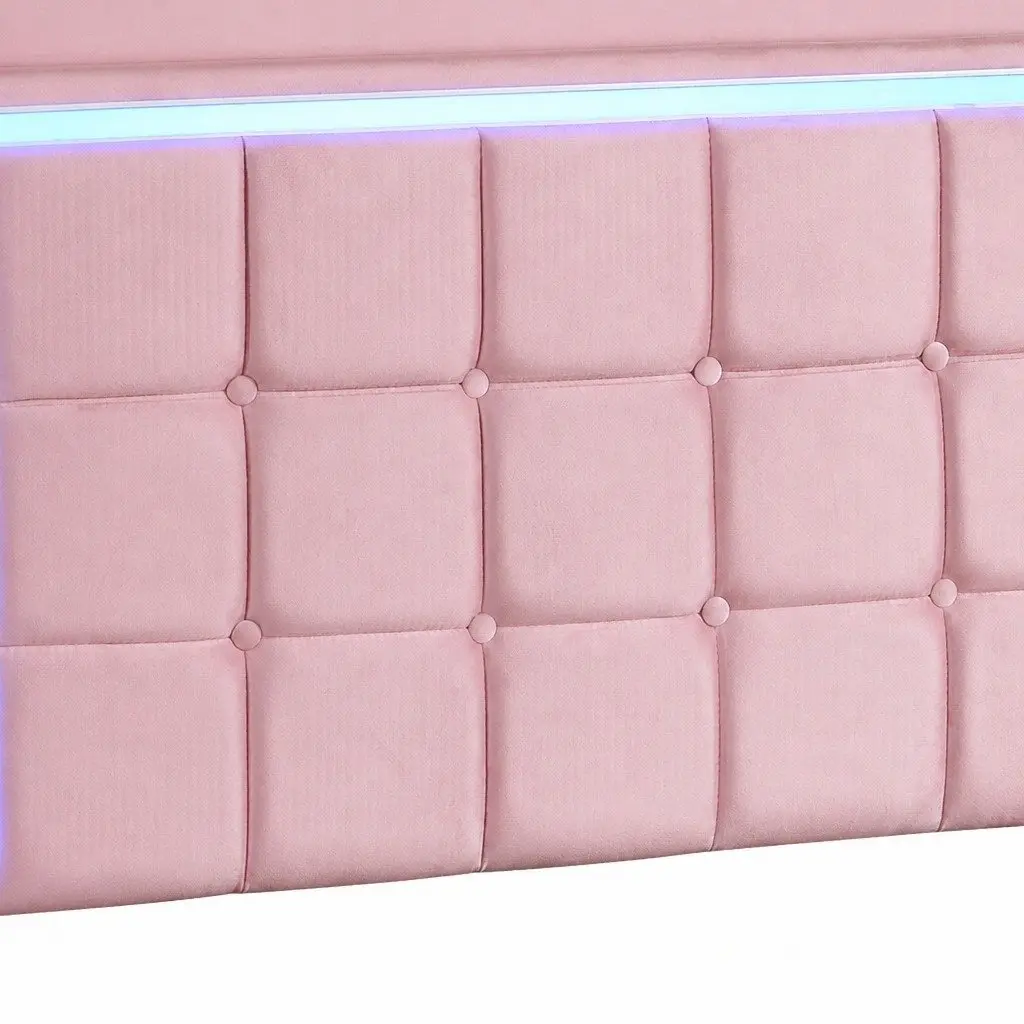 Queen Floating Bed Frame Velvet LED Light USB Ports Modern Bedroom Furniture Pink