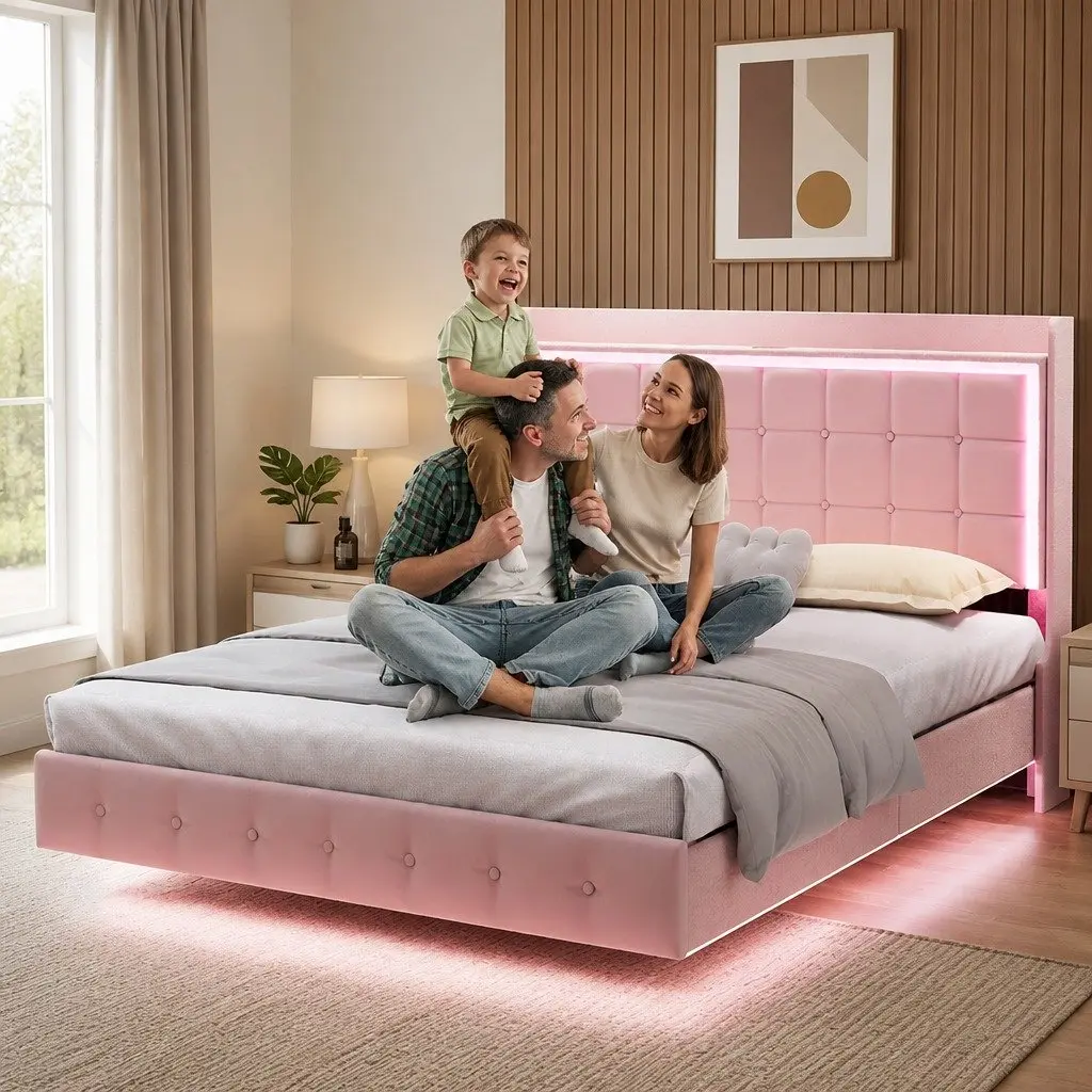 Queen Floating Bed Frame Velvet LED Light USB Ports Modern Bedroom Furniture Pink