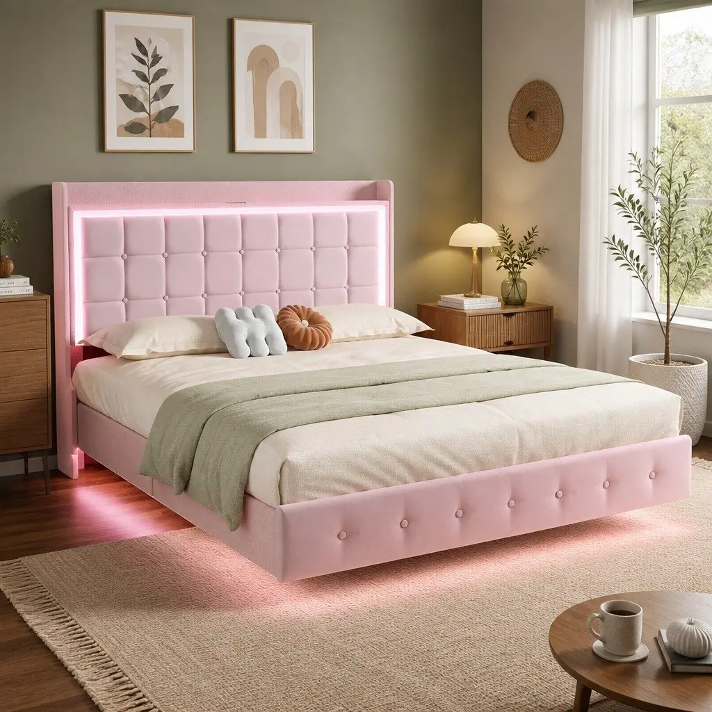 Queen Floating Bed Frame Velvet LED Light USB Ports Modern Bedroom Furniture Pink