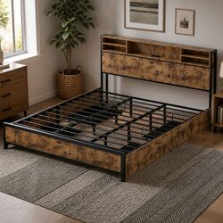 King Bed Frame with Storage Drawers RGB LED Headboard Charging Station