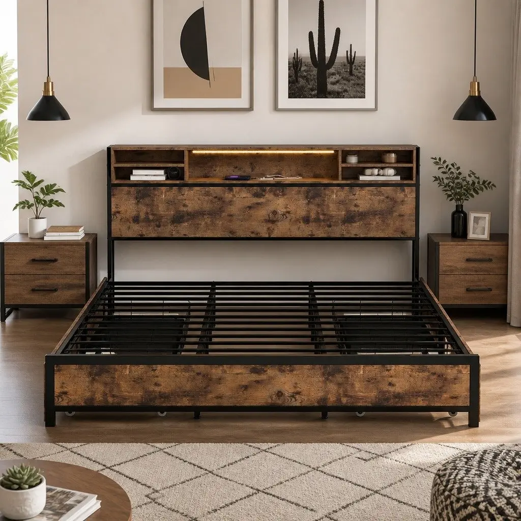 King Bed Frame with Storage Drawers RGB LED Headboard Charging Station