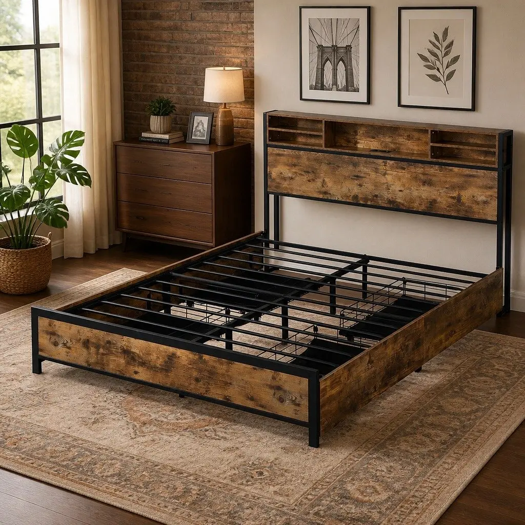 Queen Bed Frame LED Light Storage Drawers Headboard Charging Station Brown