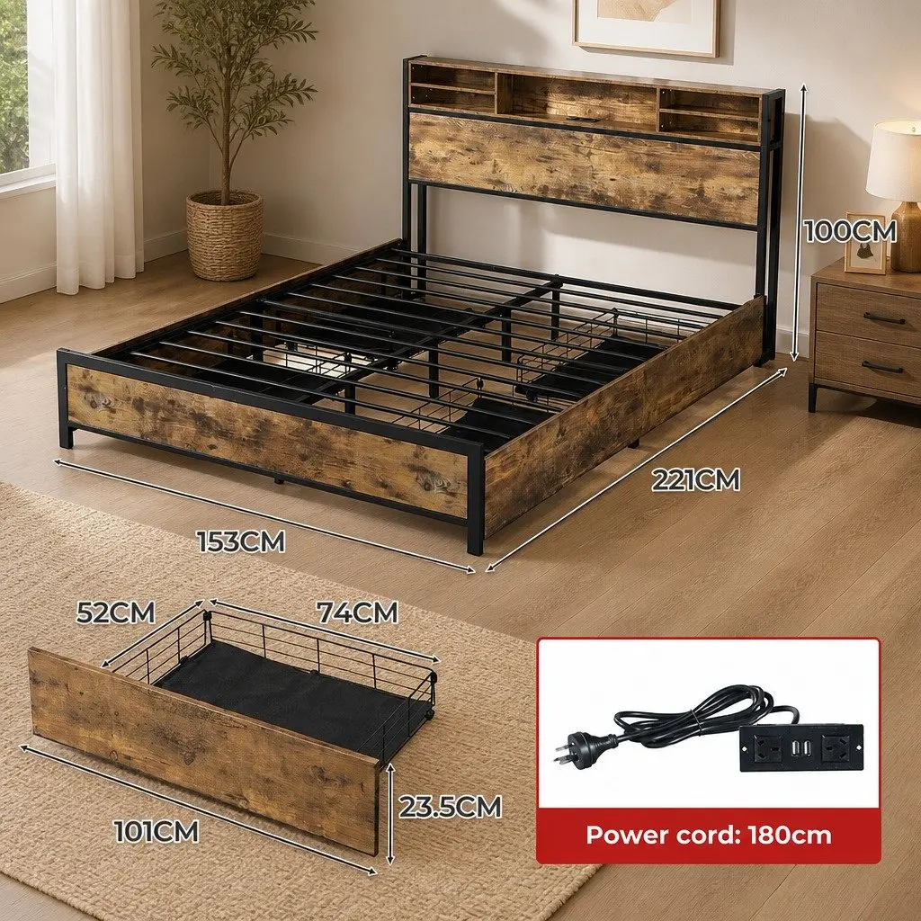 Queen Bed Frame LED Light Storage Drawers Headboard Charging Station Brown