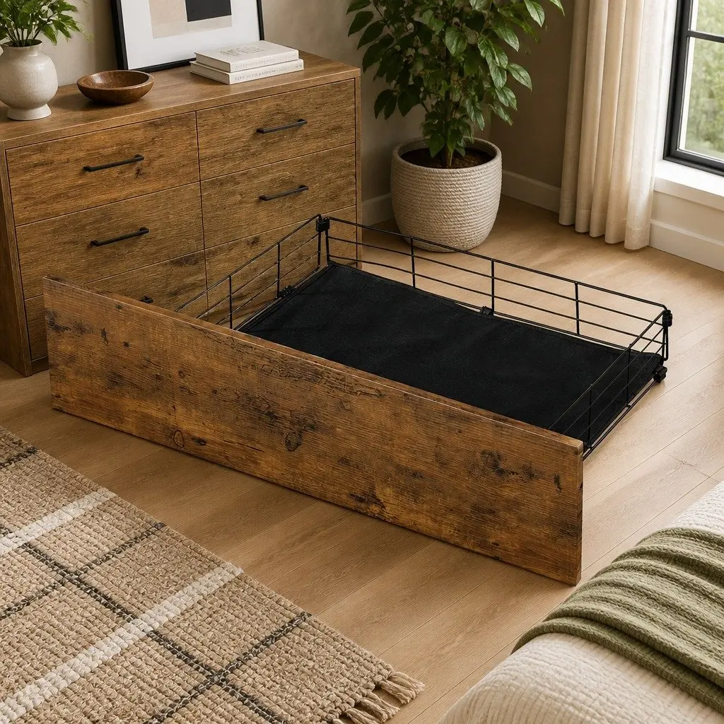 Queen Bed Frame LED Light Storage Drawers Headboard Charging Station Brown