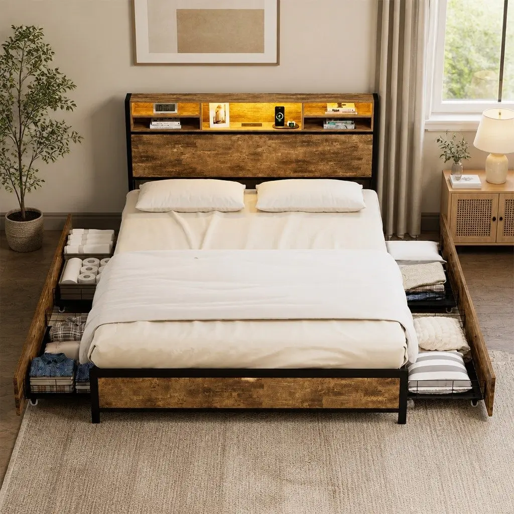 Queen Bed Frame LED Light Storage Drawers Headboard Charging Station Brown