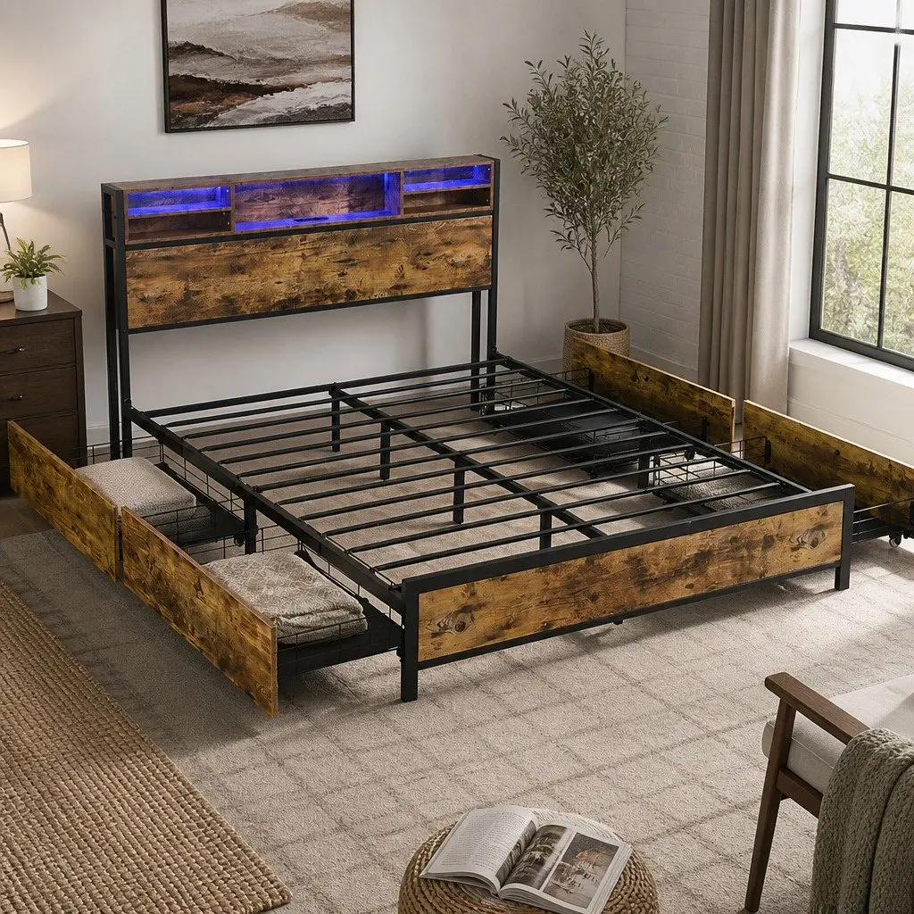 Queen Bed Frame LED Light Storage Drawers Headboard Charging Station Brown