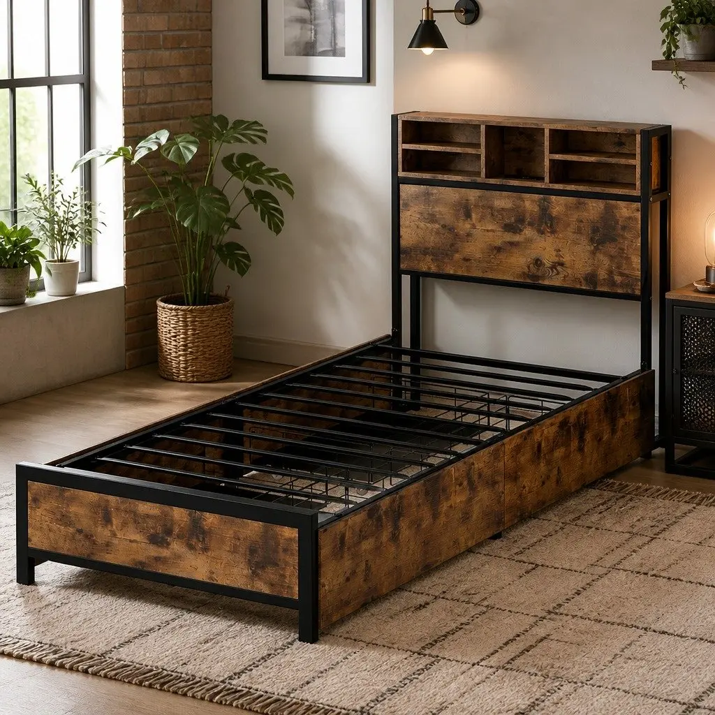 Single Bed Frame with Charging Station Storage Drawers LED Headboard Brown