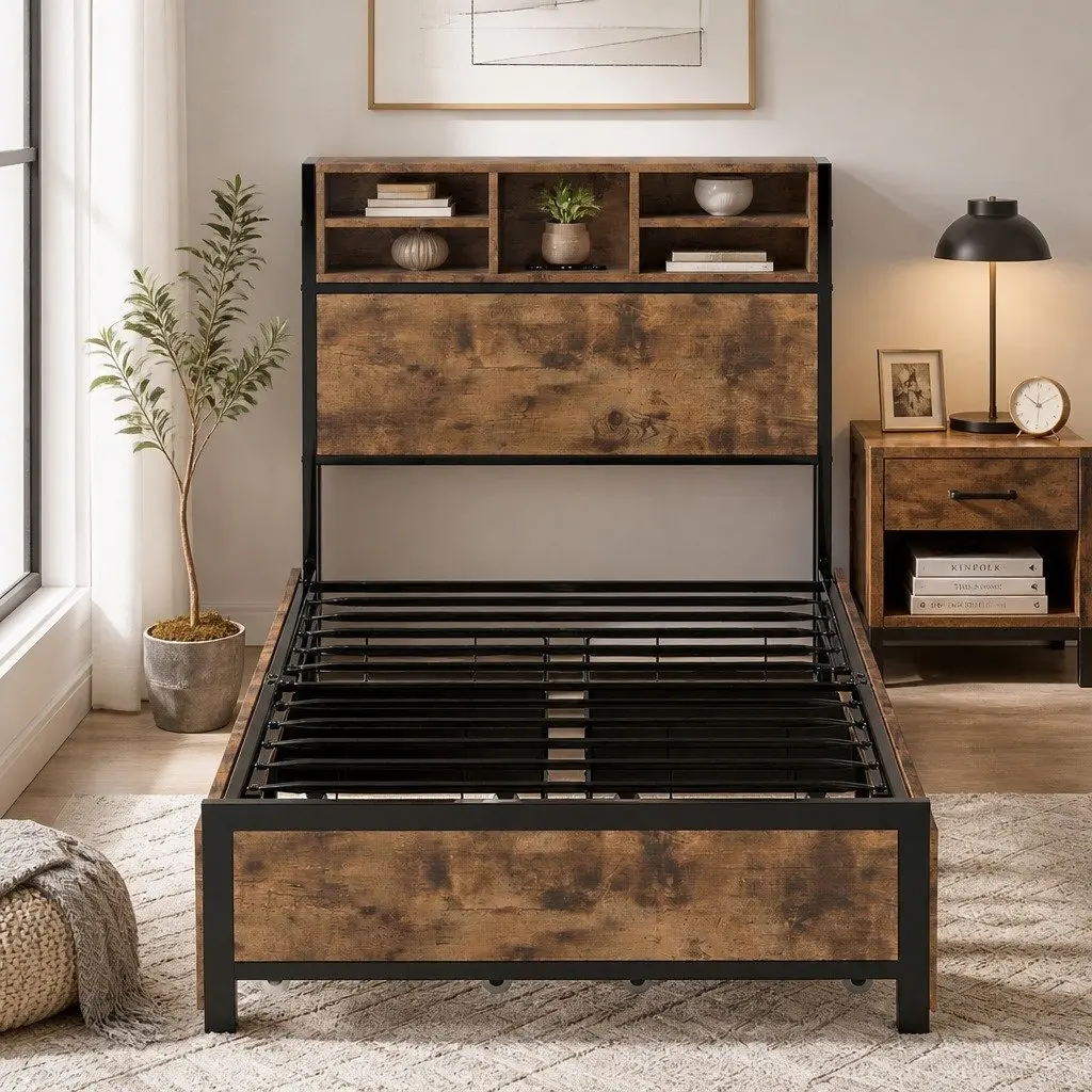 Single Bed Frame with Charging Station Storage Drawers LED Headboard Brown