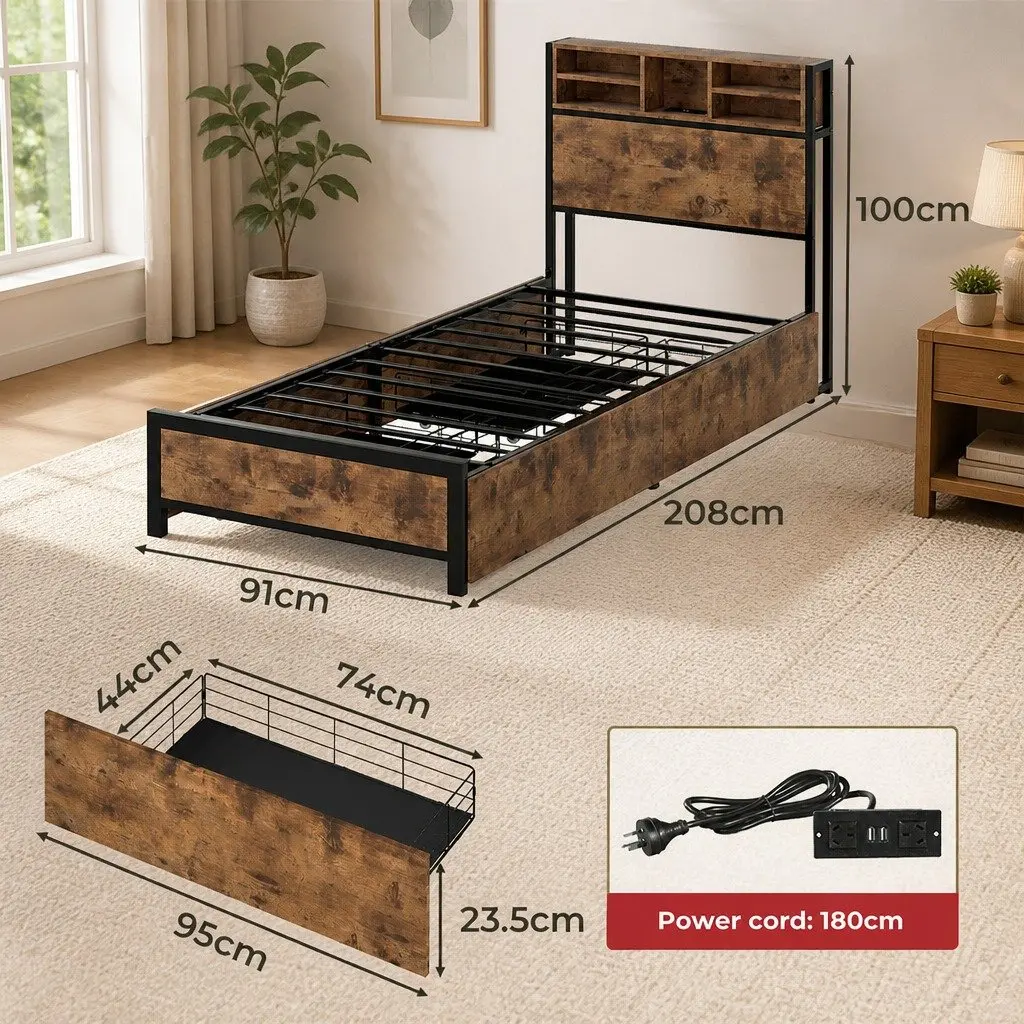 Single Bed Frame with Charging Station Storage Drawers LED Headboard Brown