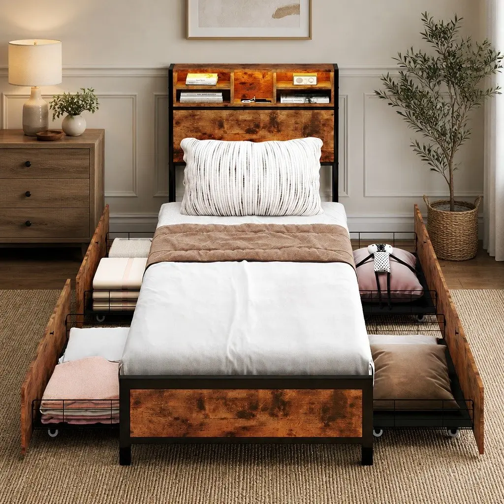 Single Bed Frame with Charging Station Storage Drawers LED Headboard Brown