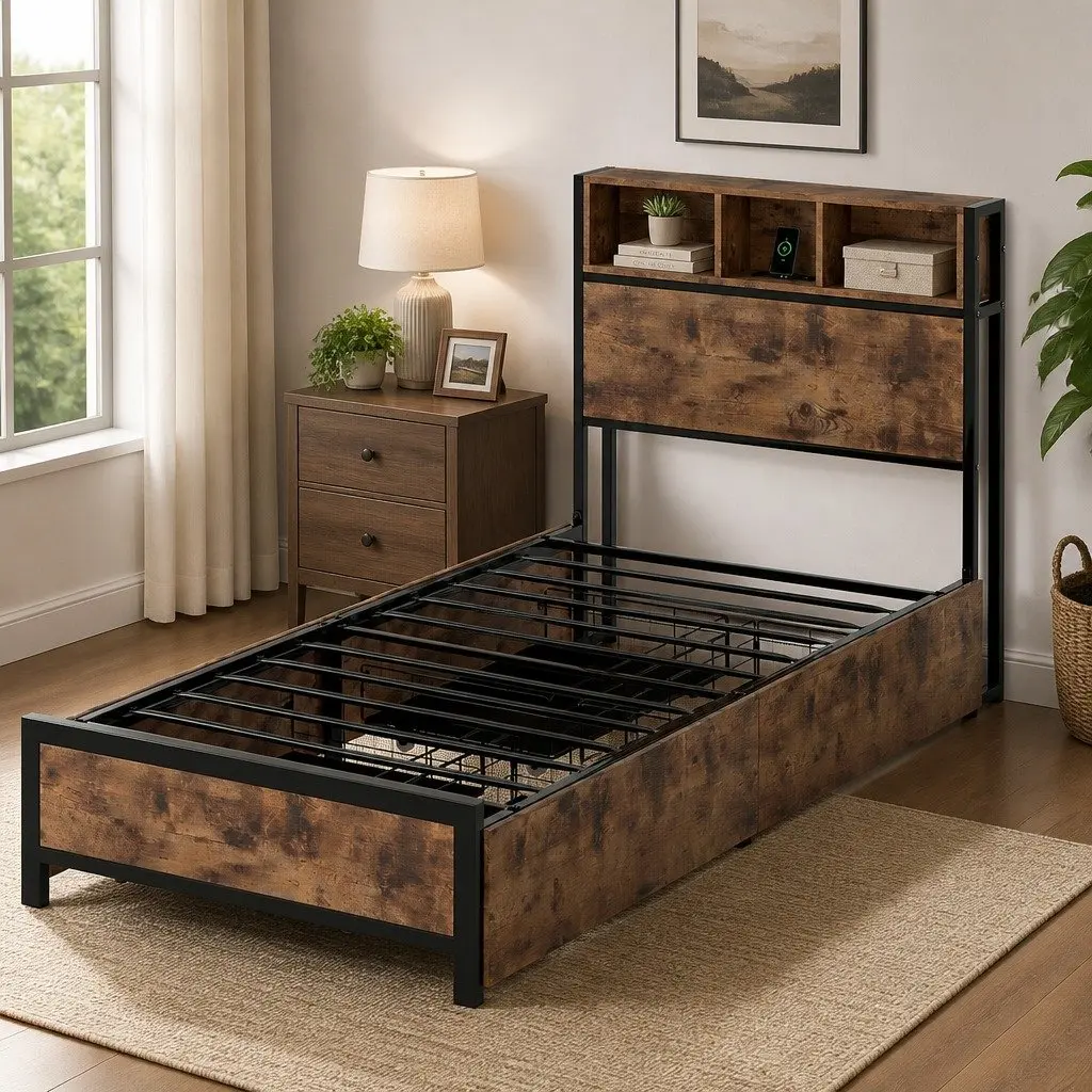 Single Bed Frame with Charging Station Storage Drawers LED Headboard Brown
