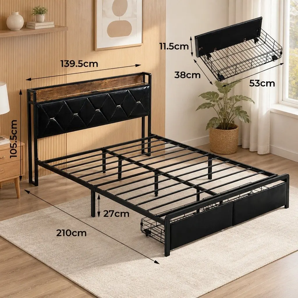 Double Metal Bed Frame with LED Lights USB Charging Headboard Storage Drawers Black 210cm x 1395cm x 1055cm