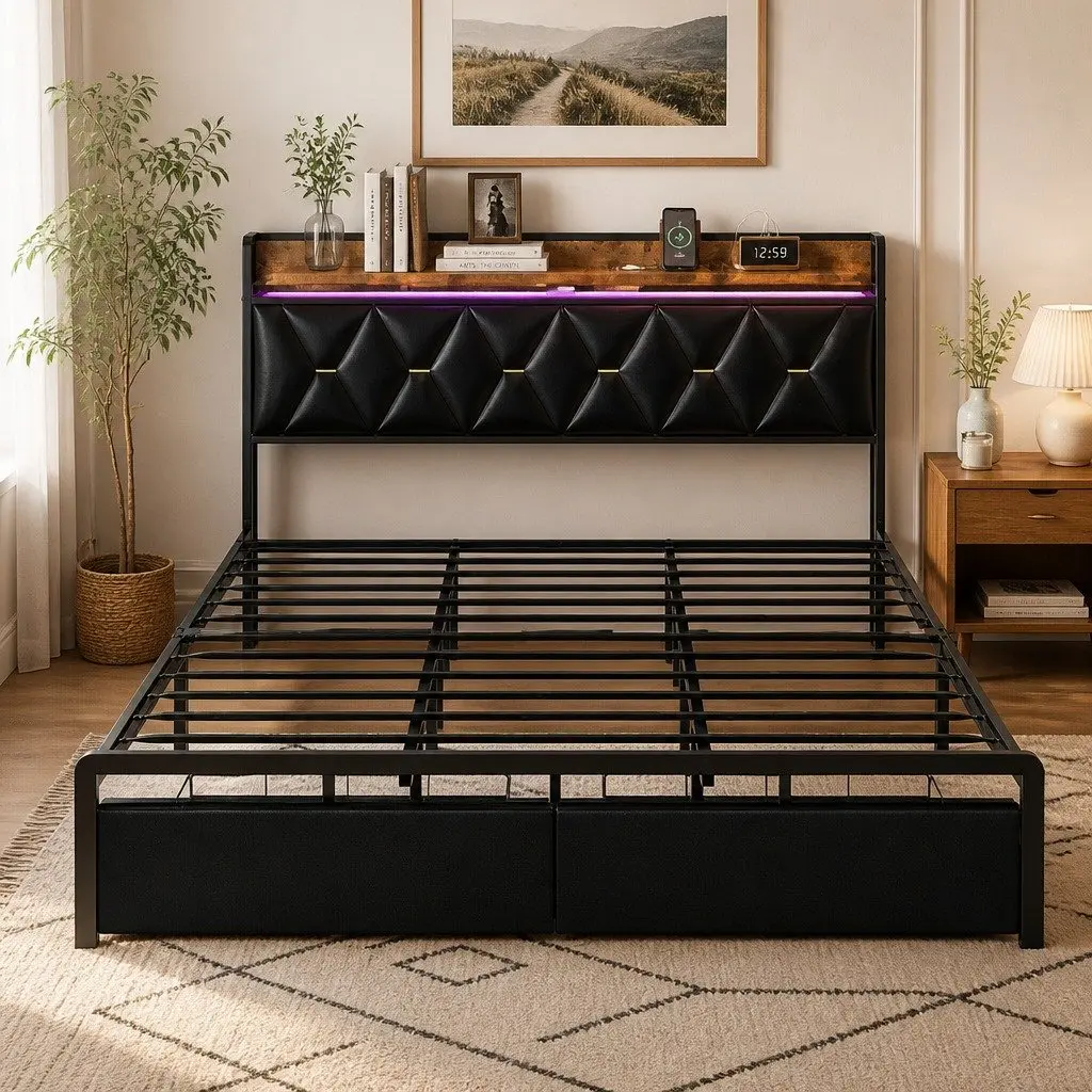 King Bed Frame with LED Headboard Storage Drawers USB Charging Metal Base