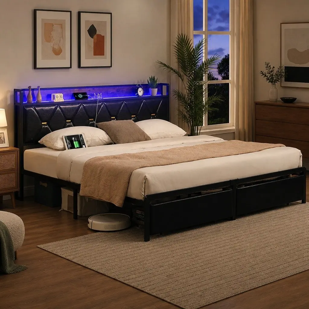 King Bed Frame with LED Headboard Storage Drawers USB Charging Metal Base
