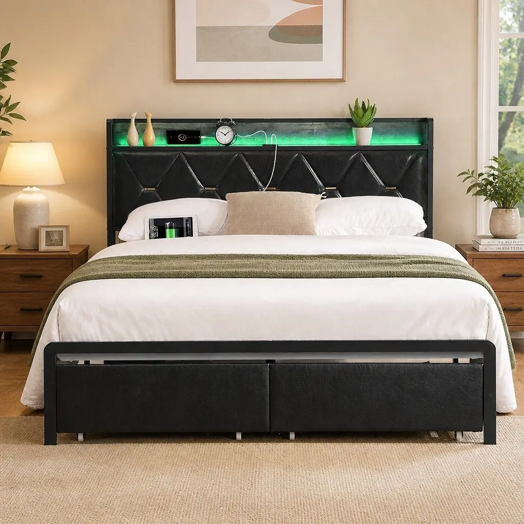 King Bed Frame with LED Headboard Storage Drawers USB Charging Metal Base