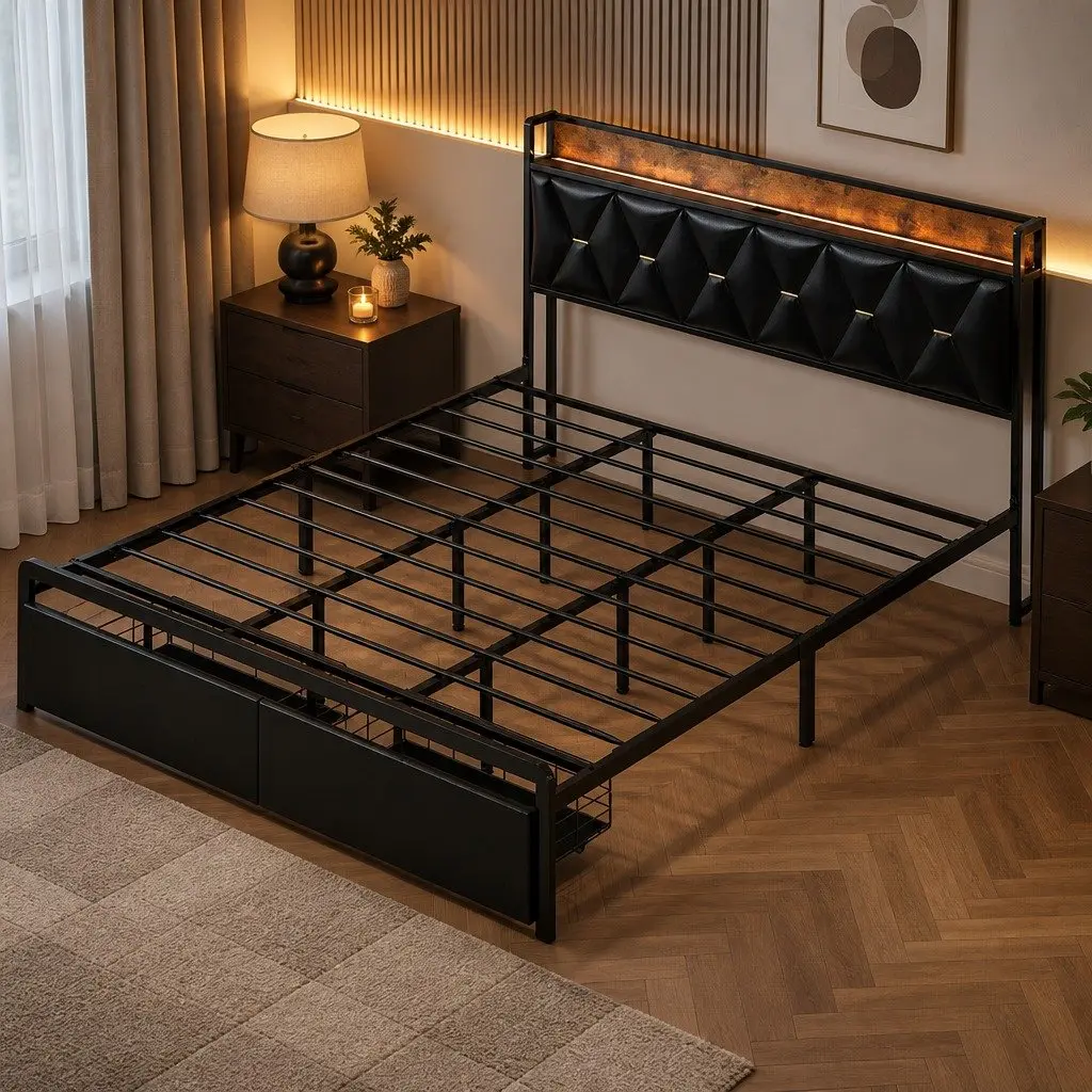 King Bed Frame with LED Headboard Storage Drawers USB Charging Metal Base