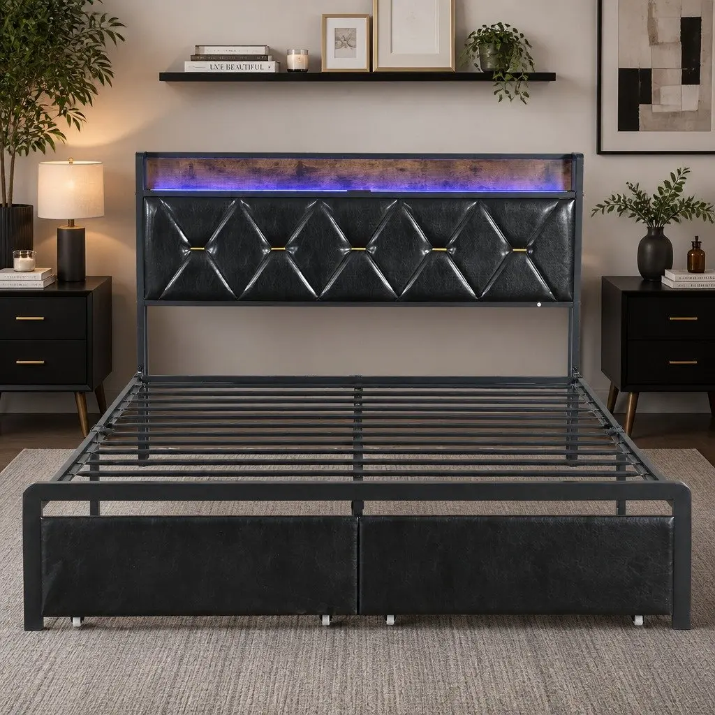 Queen Metal Bed Frame with RGB LED Lights Storage Headboard USB Charging 2