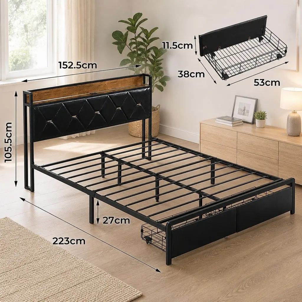 Queen Metal Bed Frame with RGB LED Lights Storage Headboard USB Charging 2
