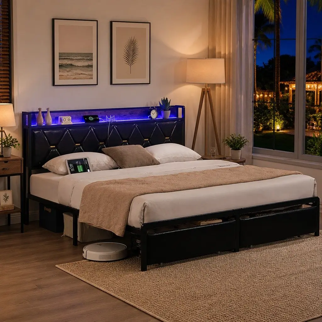 Queen Metal Bed Frame with RGB LED Lights Storage Headboard USB Charging 2