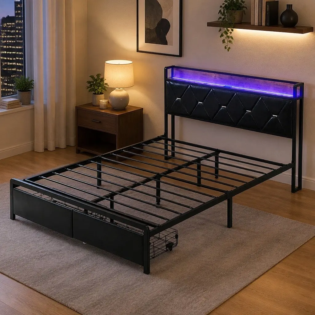 Queen Metal Bed Frame with RGB LED Lights Storage Headboard USB Charging 2