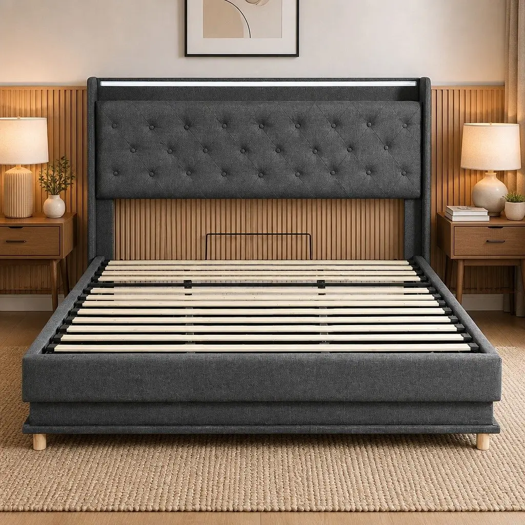 King Bed Frame with Gas Lift Storage LED Light USB Charging Headboard