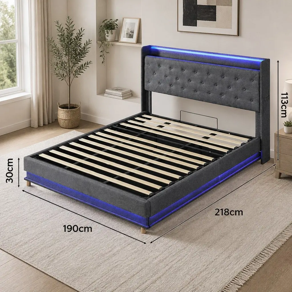 King Bed Frame with Gas Lift Storage LED Light USB Charging Headboard