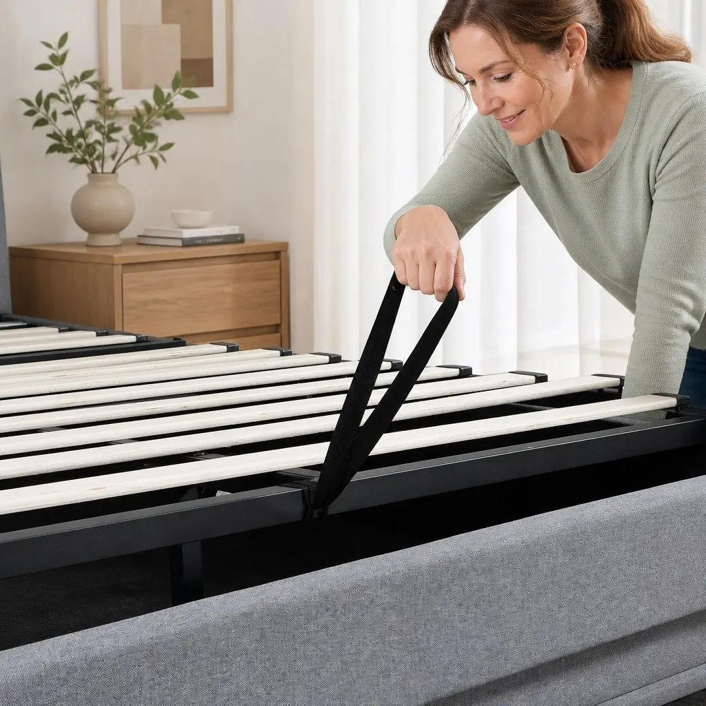 King Bed Frame with Gas Lift Storage LED Light USB Charging Headboard
