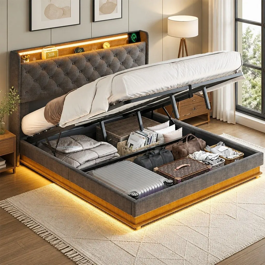 King Bed Frame with Gas Lift Storage LED Light USB Charging Headboard
