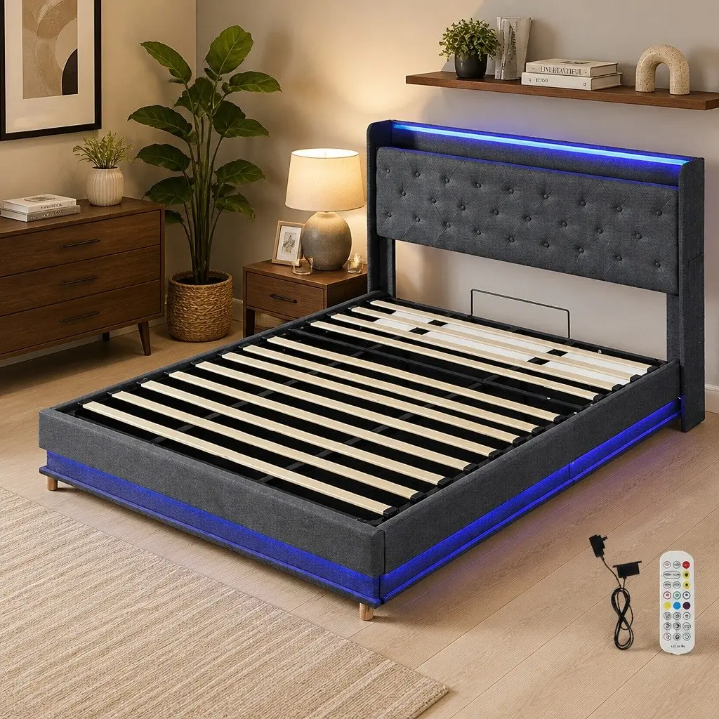 King Bed Frame with Gas Lift Storage LED Light USB Charging Headboard